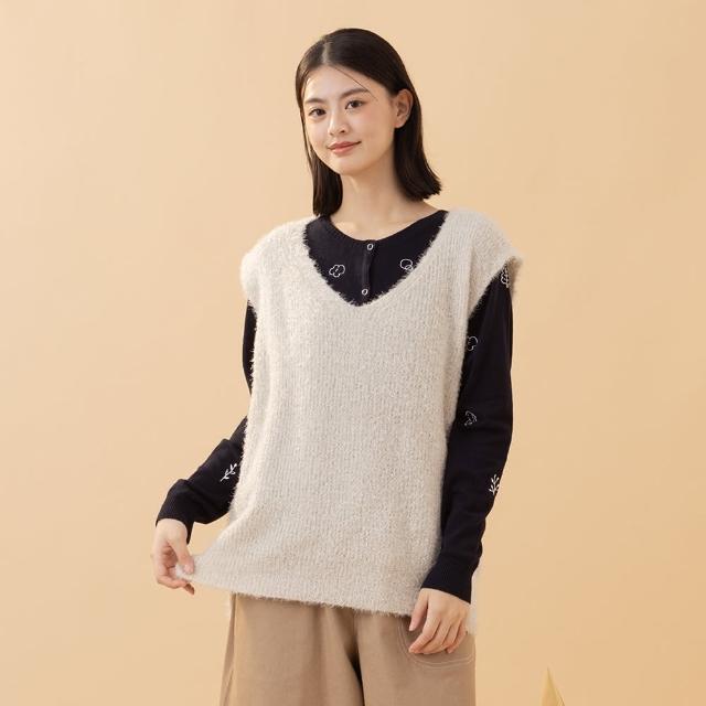 【MOSS CLUB】羽毛紗V領無袖針織背心(藍 杏 灰/魅力商品)