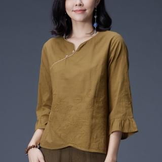 【古典美】48024刺繡荷葉袖上衣(棉麻/純棉/亞麻/中國風/漢服/茶禪服/手染服)
