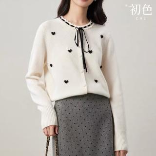 【初色】日系甜美風愛心菱格蕾絲拼接單排釦長袖針織衫上衣女上衣-共4色-39474(F可選)