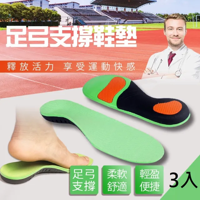 【東谷鞋廠】機能運動足弓鞋墊 3入組(運動鞋墊 足底支撐筋膜 減壓鞋墊 高支撐足弓 扁平足 除臭鞋墊)
