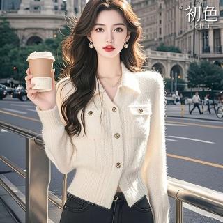【初色】法式小香風純色修身簡約翻領長袖針織衫上衣女上衣-白色-39528(F可選)