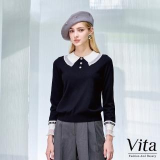 【MYSHEROS 蜜雪兒】VITA 針織上衣 網紗花邊翻領造型 玫瑰排釦裝飾(黑)