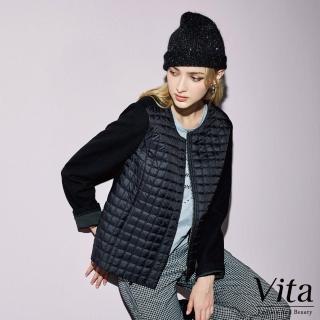 【MYSHEROS 蜜雪兒】VITA 拼布外套 圓領拉鍊絎縫格(黑)