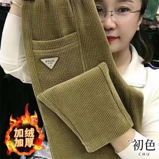 【初色】純色百搭燈芯絨高腰顯瘦加絨加厚休閒褲寬褲長褲-共2色-39466(M-4XL可選)