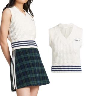 【adidas 愛迪達】Knit Vest 女款 白色 運動 針織 三葉草 鋪棉 學院風 V領 足球風 休閒 背心 IX1037