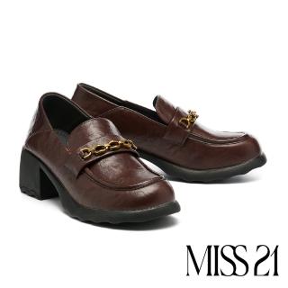 【MISS 21】復古時尚鏈條擦色樂福大頭厚底鞋(咖)