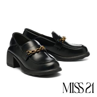 【MISS 21】復古時尚鏈條擦色微光感樂福大頭厚底鞋(黑)