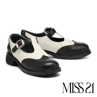 【MISS 21】復古少女牛津撞色T字帶全真皮大頭瑪莉珍高跟鞋(白)