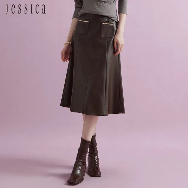 【JESSICA】時尚氣質小口袋設計傘狀仿皮中長裙J44105