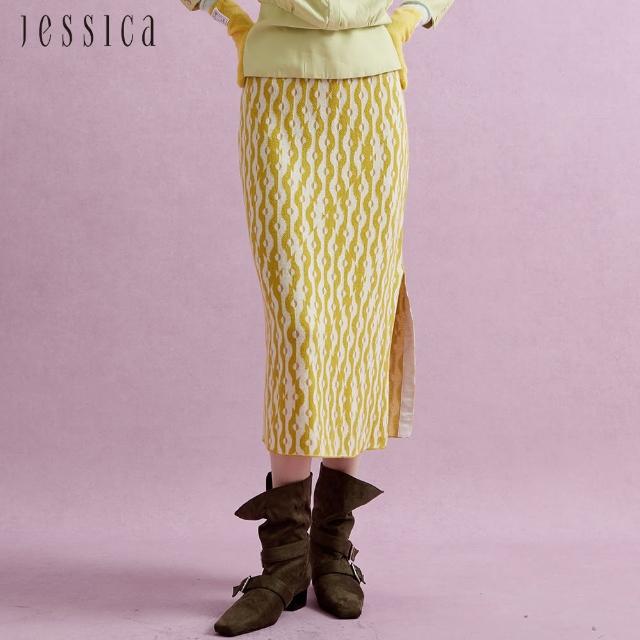 【JESSICA】亮麗獨特條紋羊毛針織開岔長裙J44D00