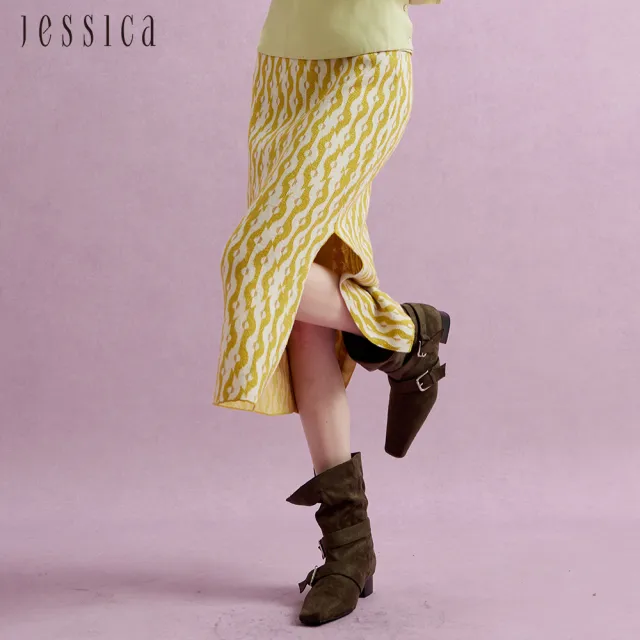 【JESSICA】亮麗獨特條紋羊毛針織開岔長裙J44D00