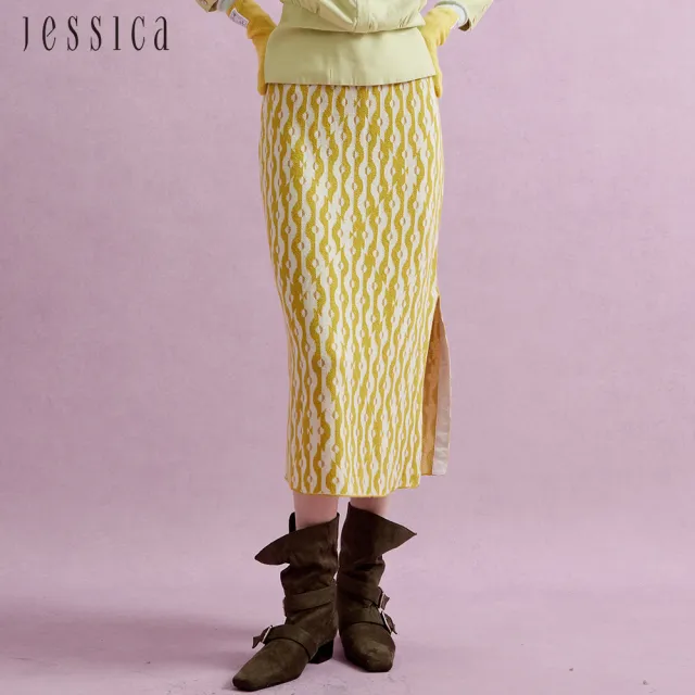 【JESSICA】亮麗獨特條紋羊毛針織開岔長裙J44D00