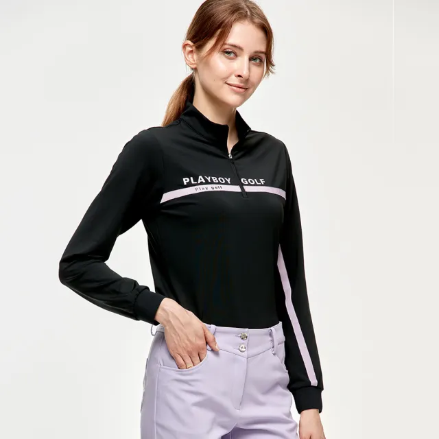 【PLAYBOY GOLF】女款吸濕排汗蓄熱保暖立領長袖上衣-黑(抗UV/GOLF/高爾夫球衫/KA24227-88)