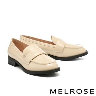【MELROSE】美樂斯 簡約知性LOGO寬頻全真皮樂福低跟鞋(米)