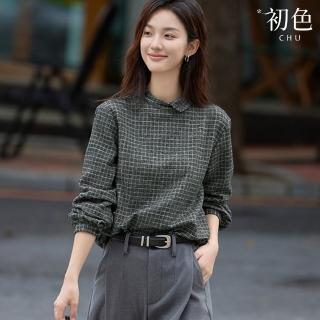 【初色】簡約風不對稱衣領長袖格子襯衫上衣女上衣-黑色格紋-39591(M-3XL可選)