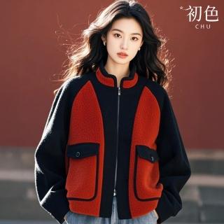 【初色】撞色拼接搖粒絨加厚圓領長袖保暖短外套女外套-紅黑色-39543(M-3XL可選)