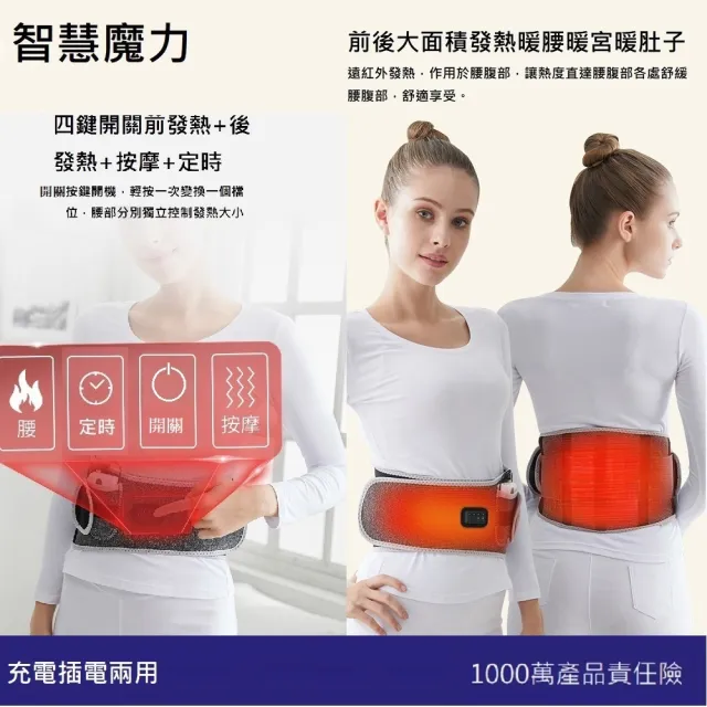 【Smart bearing 智慧魔力】尊爵款遠紅外充電式 熱敷震動按摩 無線彈力鬆緊護腰帶(4鍵功能/定時/按摩/熱敷)