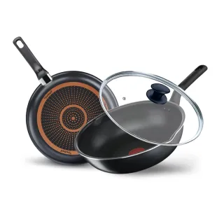 【Tefal 特福】璀璨系列28CM不沾鍋三件組(平底鍋+炒鍋+玻璃蓋)