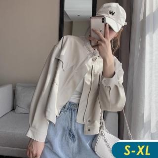 【CHACO】/預購/女春秋 米白色寬鬆落肩短版質感皮衣外套#PY2401(PU 米白 皮衣 夾克 女外套 機車外套 春秋)