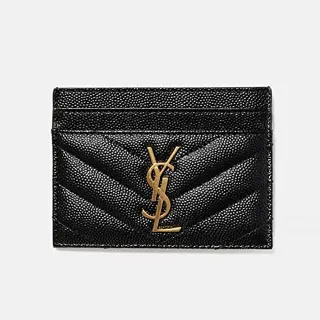 【Saint Laurent Paris】YSL金字LOGO V字縫線 黑色 小牛皮 卡片夾 名片夾(時尚潮流單品)