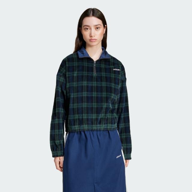 【adidas 愛迪達】外套 女款 運動外套 三葉草 TARTAN HALF ZIP 綠 IX1054