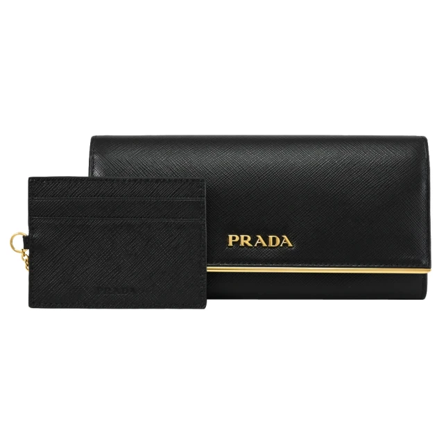 PRADA 普拉達 簡約金屬OGO防刮附證件卡夾雙扣發財零錢長夾(黑)