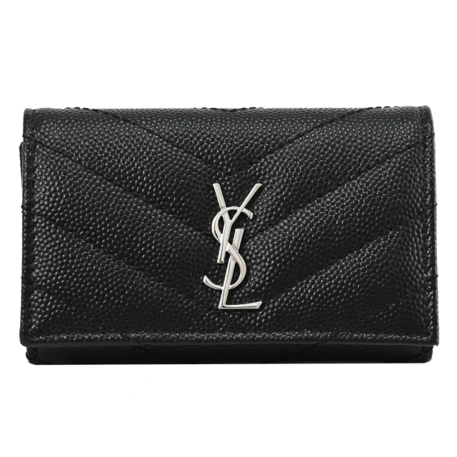 YSL 簡約金屬LOGO V字車線小牛皮4孔扣式鑰匙包(黑)