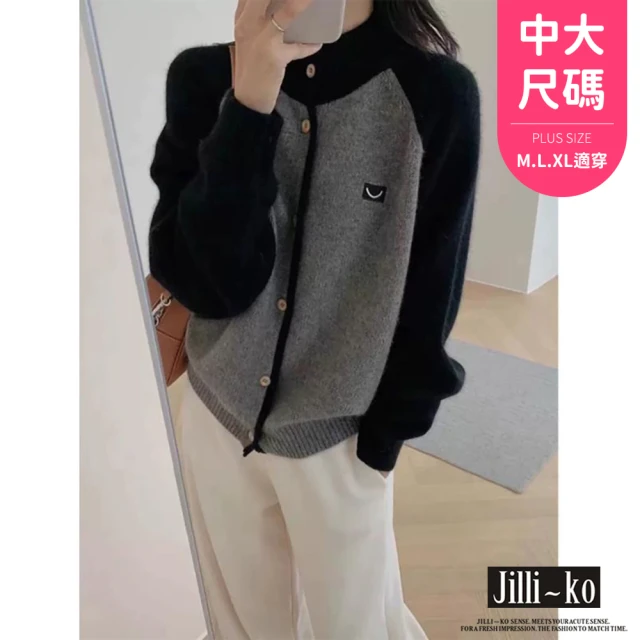 JILLI-KO 立領拚色針織開衫長袖外套女-F(黑)