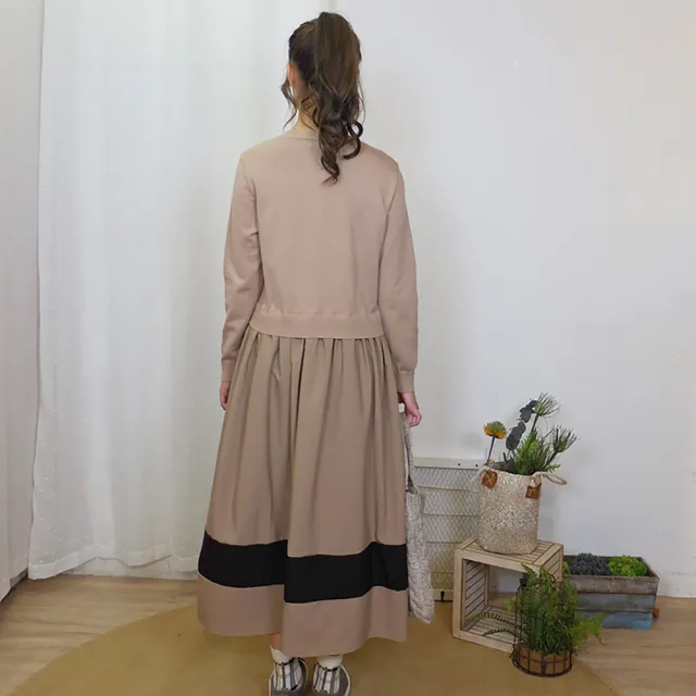【Hana Mokuba】花木馬日系女裝不對稱撞色針梭織拼接洋裝(洋裝)