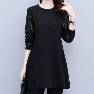 【麗質達人】982黑色蕾絲拼接假二件上衣-LY(L-5XL)