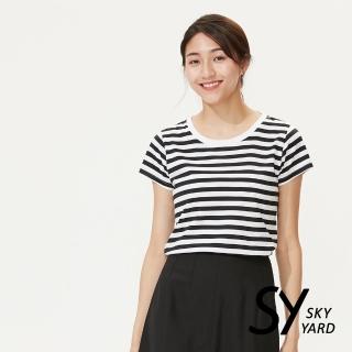 【SKY YARD】純棉條紋圓領貼標上衣(黑條)