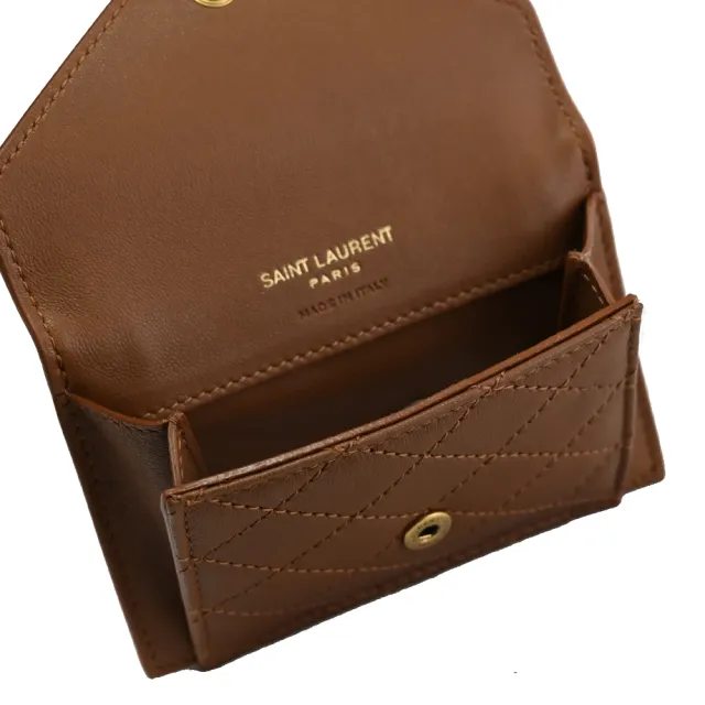 【YSL】經典金屬LOGO小牛皮信用卡證件名片扣式零錢包(咖)