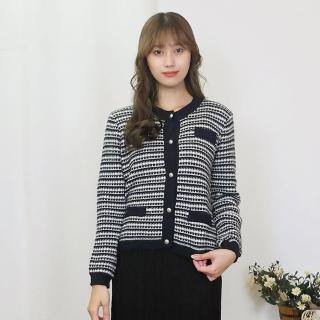 【Hana Mokuba】花木馬日系女裝黑白織紋氣質圓領針織外套(外套)