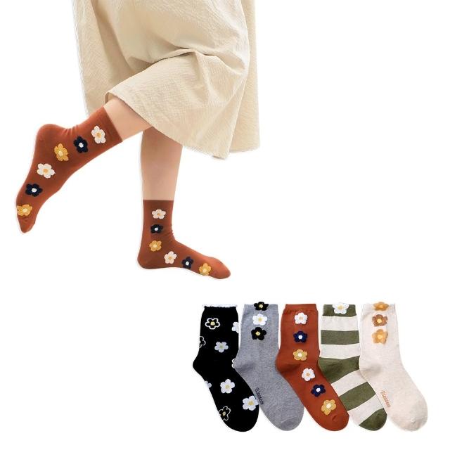 【哈囉喬伊】韓國襪子 五瓣花朵毛絨中筒 女襪 A744(正韓直送 韓妞必備 棉襪 長襪 韓國少女襪)