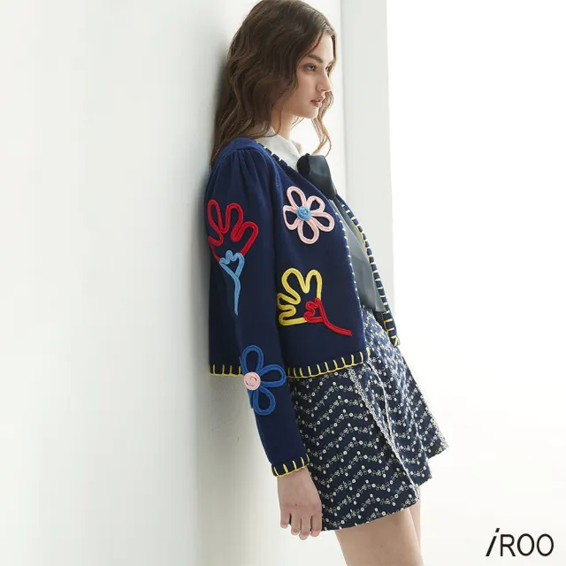 【iROO】波浪紋花卉刺繡短褲