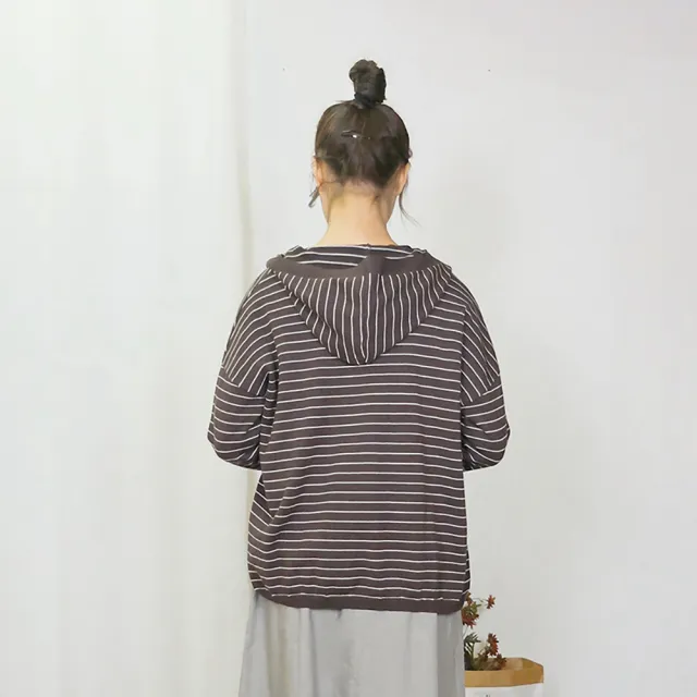 【Hana Mokuba】花木馬日系女裝寬鬆落肩連帽條紋針織外套(外套)