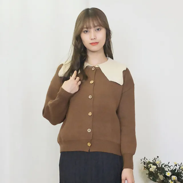 【Hana Mokuba】花木馬日系女裝造型大翻領清新甜美針織外套(外套)