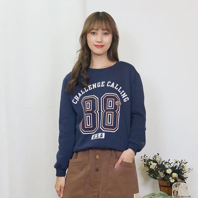 【Hana Mokuba】花木馬日系女裝運動風印花內刷毛休閒大學T內刷毛(T恤)