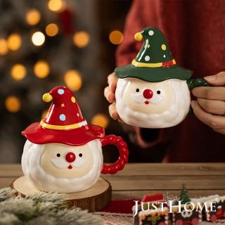 【Just Home】聖誕老公公陶瓷馬克杯350ml-附杯蓋(2入組/交換禮物 杯子 陶瓷杯 馬克杯)