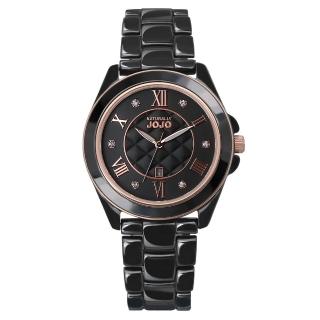 【NATURALLY JOJO】羅馬數字菱格紋黑麵晶鑽陶瓷腕錶-JO96995-88R(高雅黑/36mm)