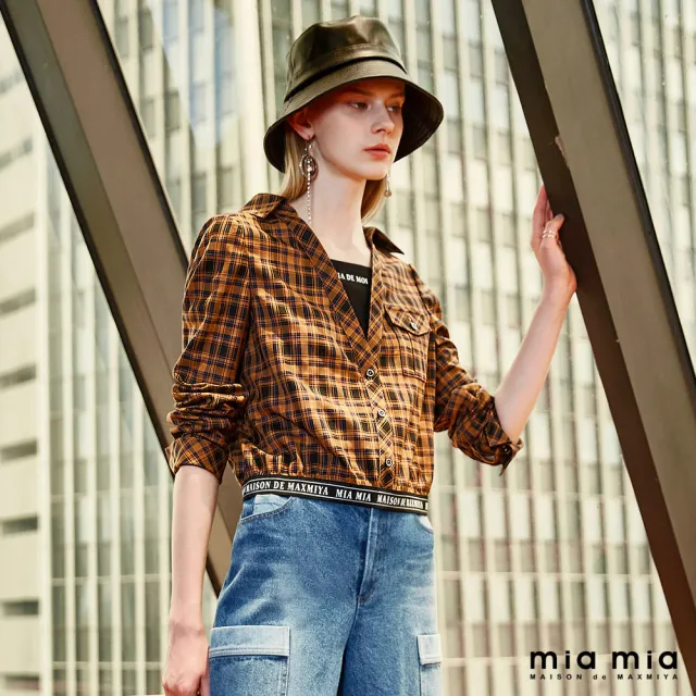 【mia mia】橘咖格紋短版襯衫