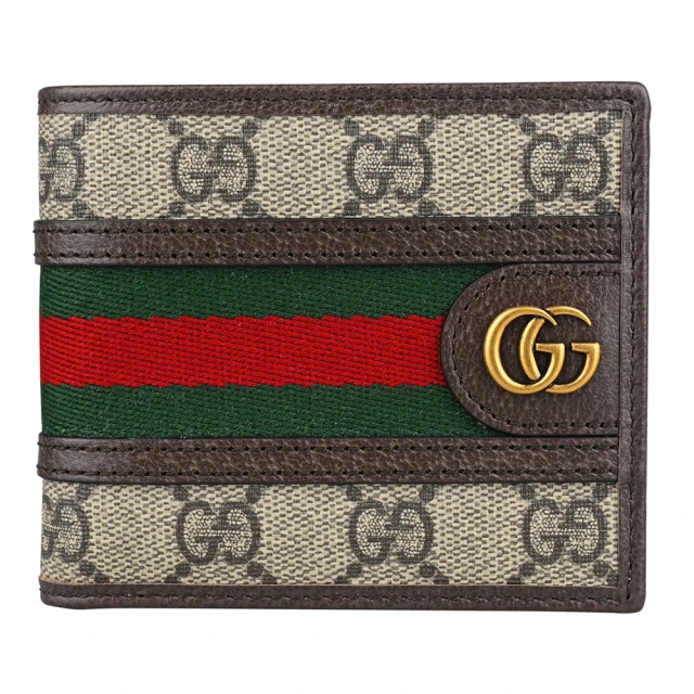 GUCCI 古馳 GUCCI Ophidia GG經典綠紅織帶滿版印花雙G標誌塗層帆布皮革邊飾對折短夾(米/烏木)