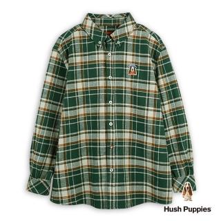 【Hush Puppies】男裝 襯衫 經典格紋法蘭絨英文刺繡寬版襯衫(綠色 / 44112105)