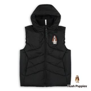 【Hush Puppies】男裝 背心 簡約素色刺繡狗羽絨背心(黑色 / 44117101)