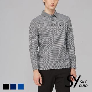 【SKY YARD】GABBIANO彈性細條紋刺繡開襟POLO衫長袖上衣(黑色)