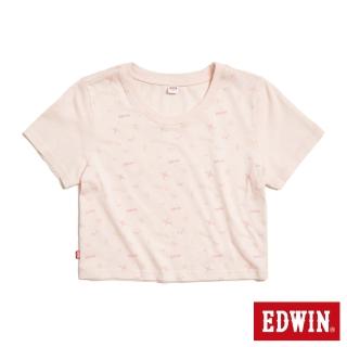 【EDWIN】女裝 滿版印花短版短袖T恤(淡粉紅)