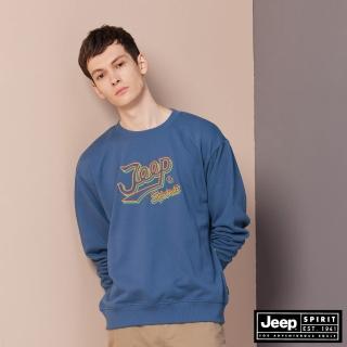 【JEEP】男裝 復古感跳色LOGO刺繡大學T(藍色)