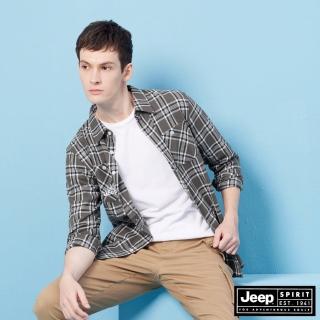 【JEEP】男裝 經典格紋口袋純棉長袖襯衫(灰色)