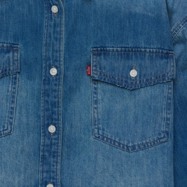 【LEVIS】女款 襯衫 短版襯衫 牛仔襯衫 丹寧襯杉 長袖襯衫 深藍刷白 上衣 熱賣單品 001BQ-0000