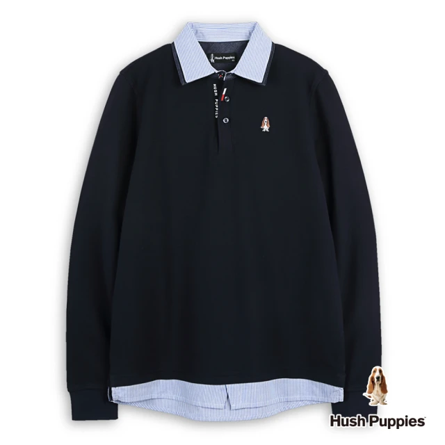 Hush Puppies 男裝 POLO衫 經典配色假兩件刺繡小狗POLO衫(丈青 / 44101109)